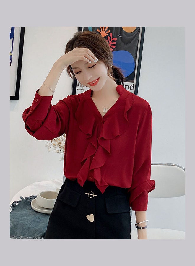 V-Neck Flounced Chiffon Long Sleeve Shirt Red Wine - Image 3