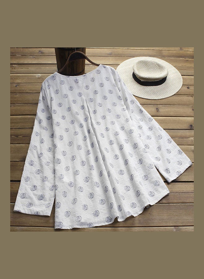 Cotton Fashion Printed Loose Long Sleeves Dresss White  - Image 3