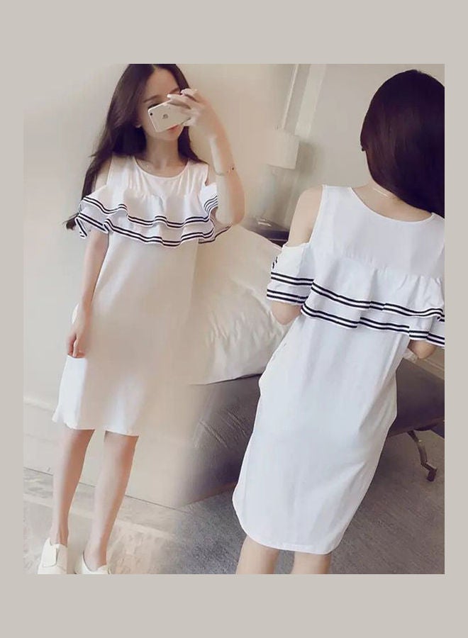 Short Sleeve Off The Shoulder Flouncing Stripe Dress White - Image 1