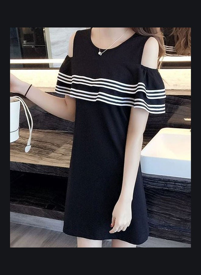Short Sleeve Off The Shoulder Flouncing Stripe Dress White - Image 2