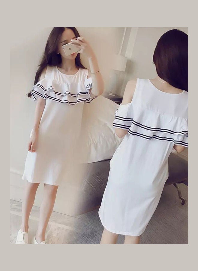 Short Sleeve Off The Shoulder Flouncing Stripe Dress White - Image 4
