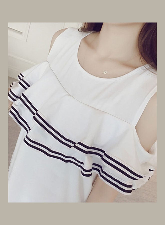 Short Sleeve Off The Shoulder Flouncing Stripe Dress White - Image 5