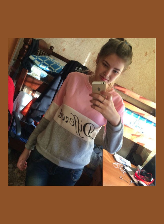 Round Neck Long Sleeve Pullover Pink / Grey - Image 4