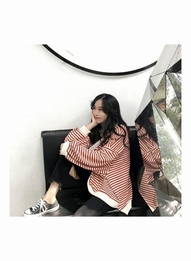 Loose Stripe Printing Fleece Long Sleeve Sweatshirts Red - Image 3