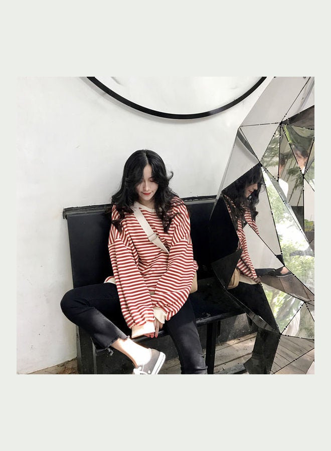 Loose Stripe Printing Fleece Long Sleeve Sweatshirts Red - Image 4