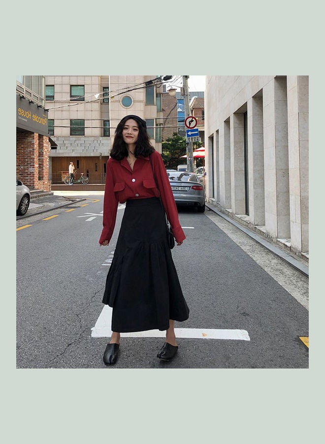 قميص كاجوال فضفاض بأكمام طويلة أحمر - Image 3