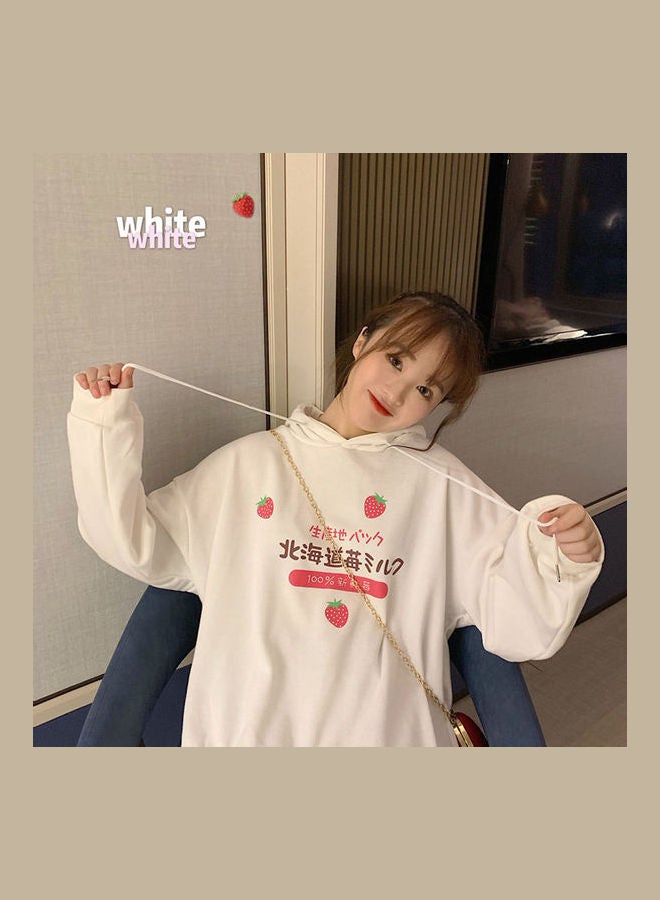 Loose Hoodie Sweatshirt Printing Thicken Pullover White  - Image 3