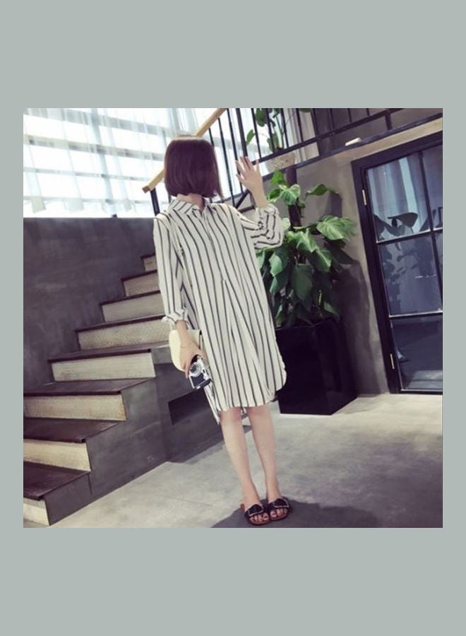 Fashion Vertical Stripe Mid-Length Loose Long Sleeve Shirt White - Image 1