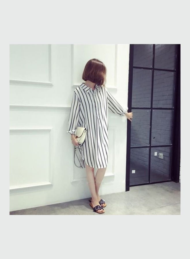 Fashion Vertical Stripe Mid-Length Loose Long Sleeve Shirt White - Image 4
