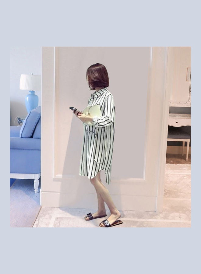 Fashion Vertical Stripe Mid-Length Loose Long Sleeve Shirt White - Image 5