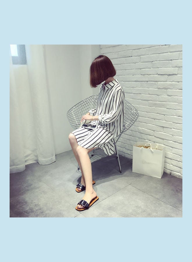 Fashion Vertical Stripe Mid-Length Loose Long Sleeve Shirt White - Image 3