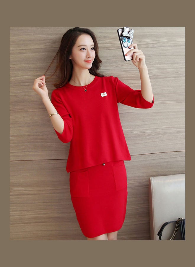 Casual Loose Short Sleeve Top And Suit Outfit Red - Image 1
