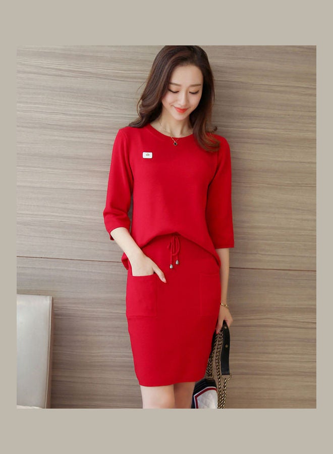 Casual Loose Short Sleeve Top And Suit Outfit Red - Image 2