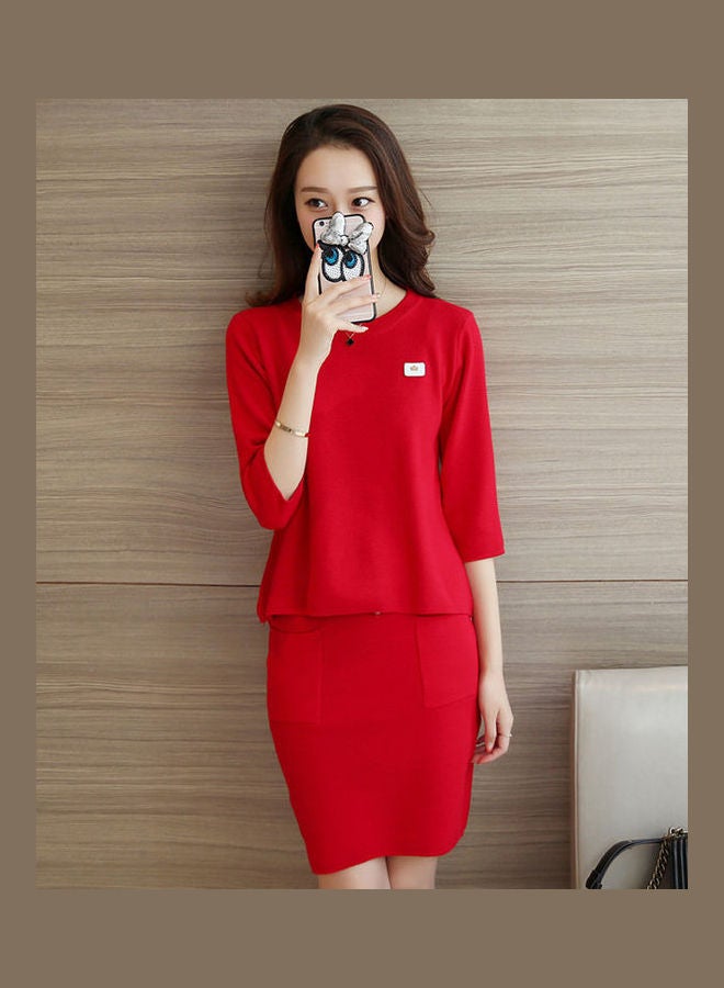 Casual Loose Short Sleeve Top And Suit Outfit Red - Image 3