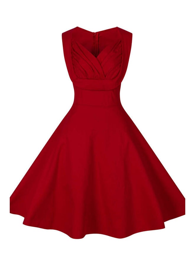 Vintage V Neck Sleeveless Stitching Large Swing Dress Red  - Image 1