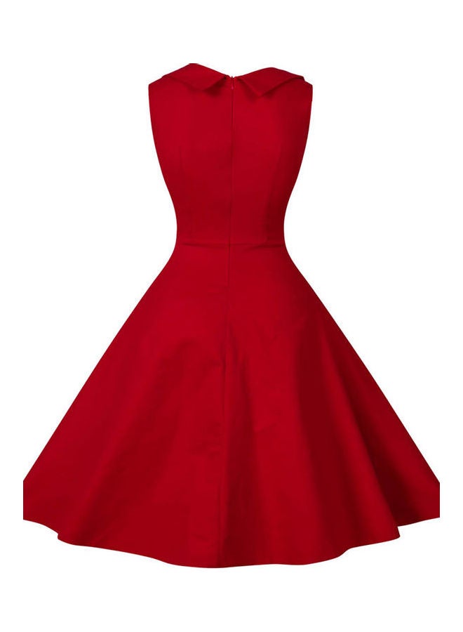 Vintage V Neck Sleeveless Stitching Large Swing Dress Red  - Image 3