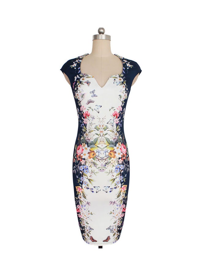 Vintage Irregular V-neck Cap Sleeve Print Pencil Dress White - Image 1