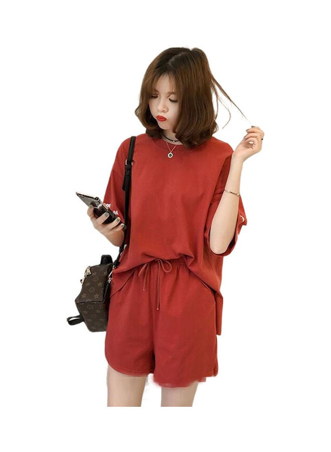 Casual Leisure Sleeves Tops And Drawstring Shorts Red - Image 1