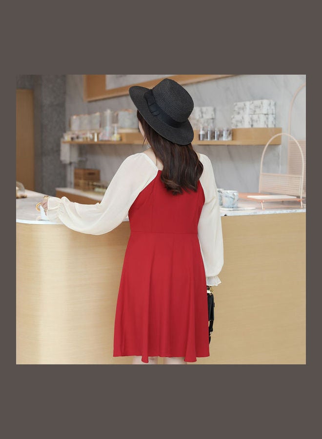 Sweet Style Boat Neck Breathable Mesh Long Sleeve Dress Red - Image 4