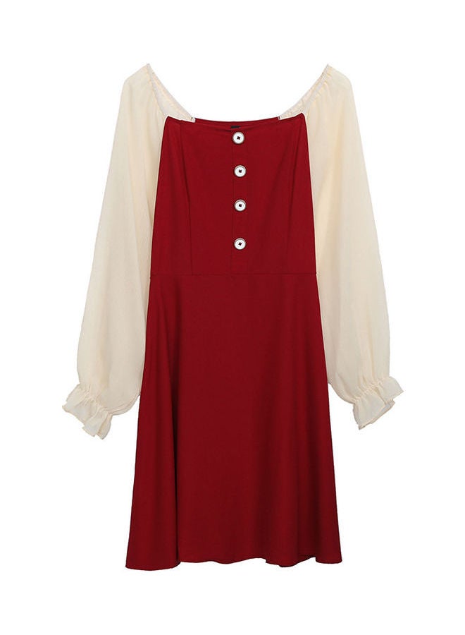 Sweet Style Boat Neck Breathable Mesh Long Sleeve Dress Red - Image 1