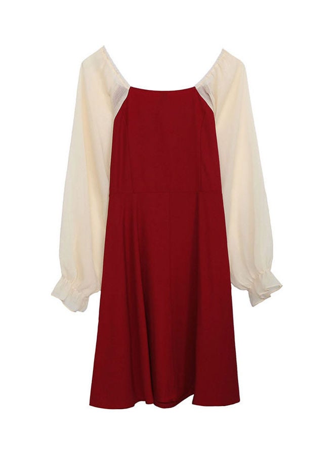 Sweet Style Boat Neck Breathable Mesh Long Sleeve Dress Red - Image 3