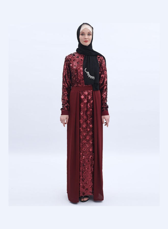 Sequin Embroidery Formal Long Sleeve Abayas Dress Red - Image 1