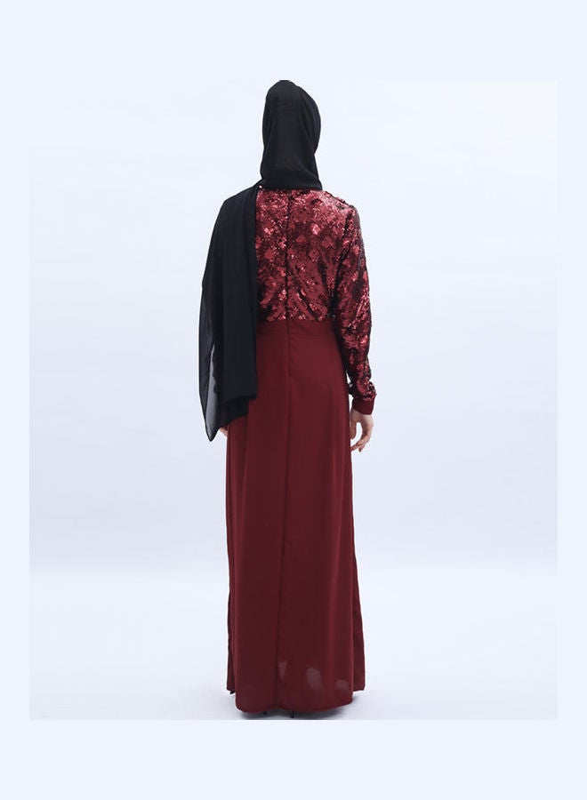 Sequin Embroidery Formal Long Sleeve Abayas Dress Red - Image 3