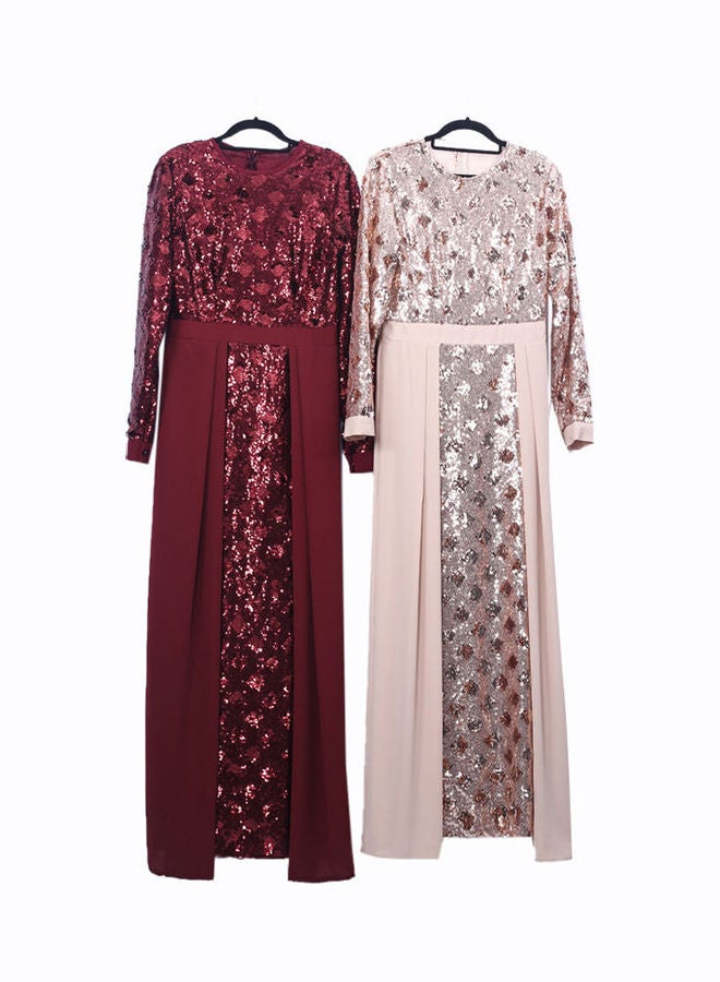 Sequin Embroidery Formal Long Sleeve Abayas Dress Red - Image 4