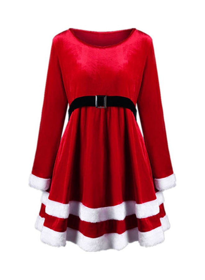 Retro Long Sleeve Circular Collar Belt Velvet Patchwork Dress Red - Image 1