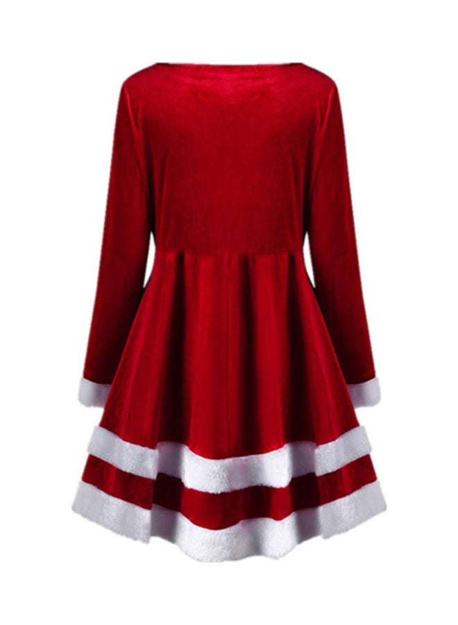 Retro Long Sleeve Circular Collar Belt Velvet Patchwork Dress Red - Image 3