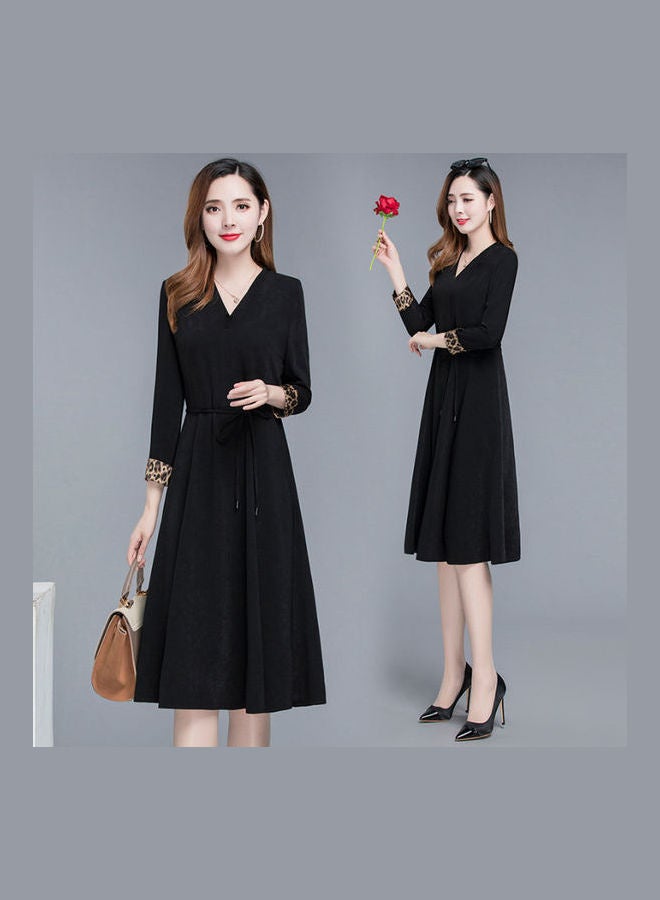 Women  Fashion V-neckline Bow knot Belted Slim Long Sleeve Dress Black - Image 1