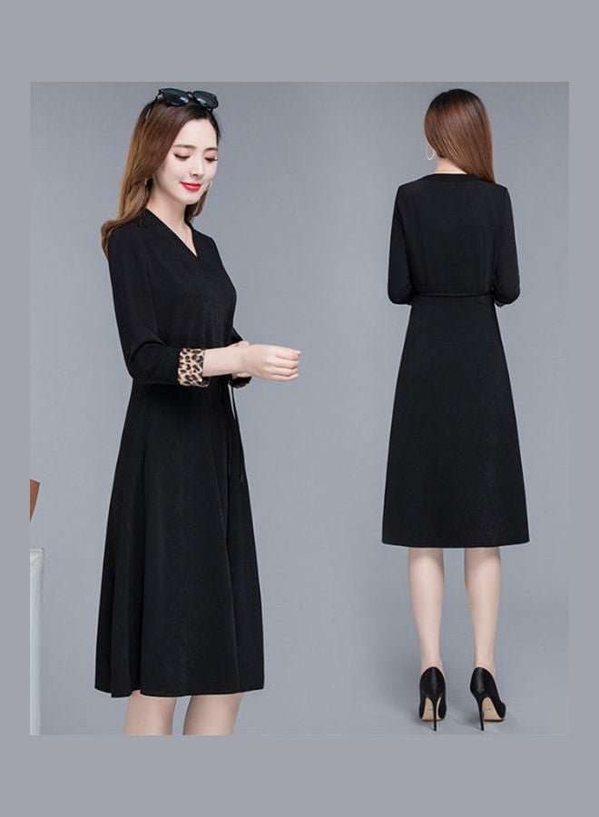 Women  Fashion V-neckline Bow knot Belted Slim Long Sleeve Dress Black - Image 2