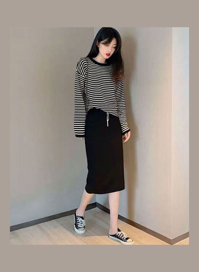 Women Autumn Fashion Two-Piece Suit Skirt and  Casual Long-sleeved Striped T-shirt Black  - Image 1
