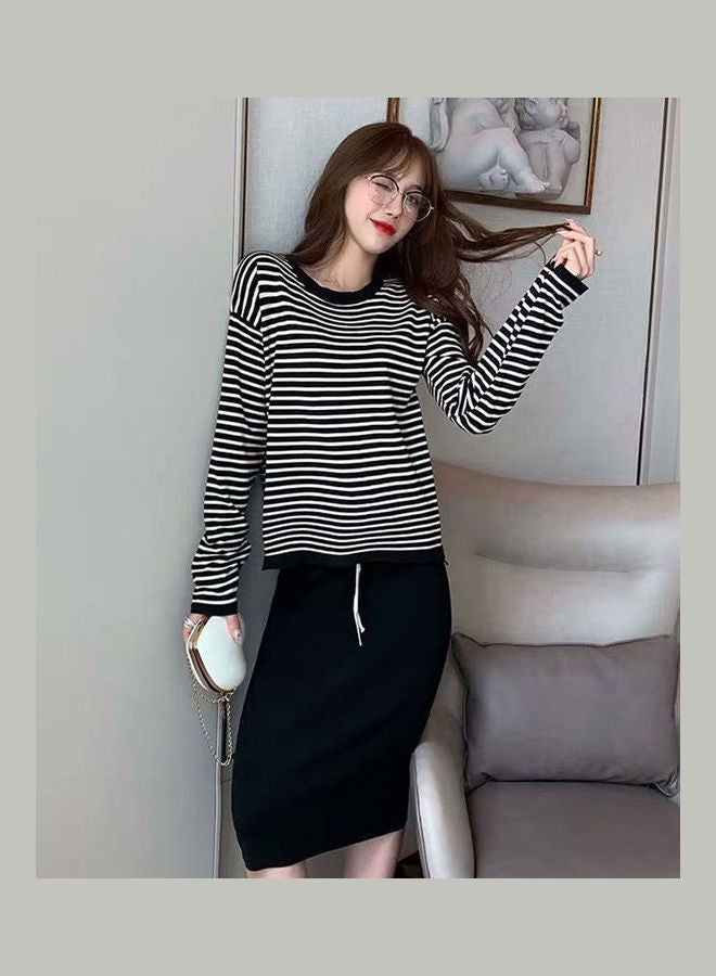 Women Autumn Fashion Two-Piece Suit Skirt and  Casual Long-sleeved Striped T-shirt Black  - Image 2