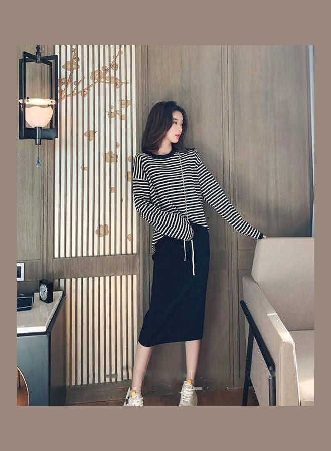Women Autumn Fashion Two-Piece Suit Skirt and  Casual Long-sleeved Striped T-shirt Black  - Image 3