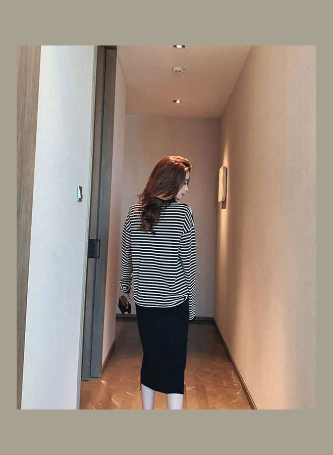 Women Autumn Fashion Two-Piece Suit Skirt and  Casual Long-sleeved Striped T-shirt Black  - Image 4
