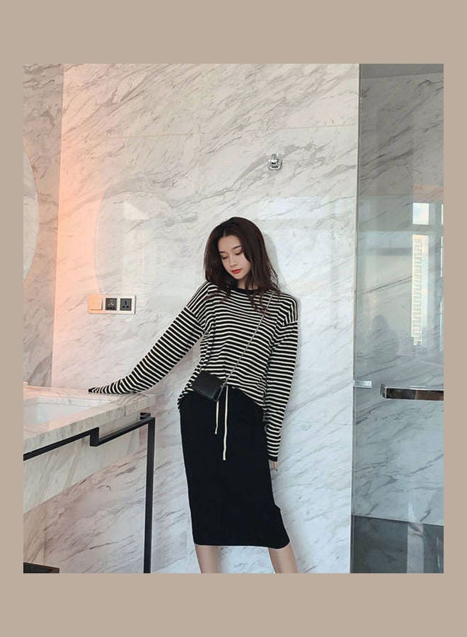 Women Autumn Fashion Two-Piece Suit Skirt and  Casual Long-sleeved Striped T-shirt Black  - Image 5