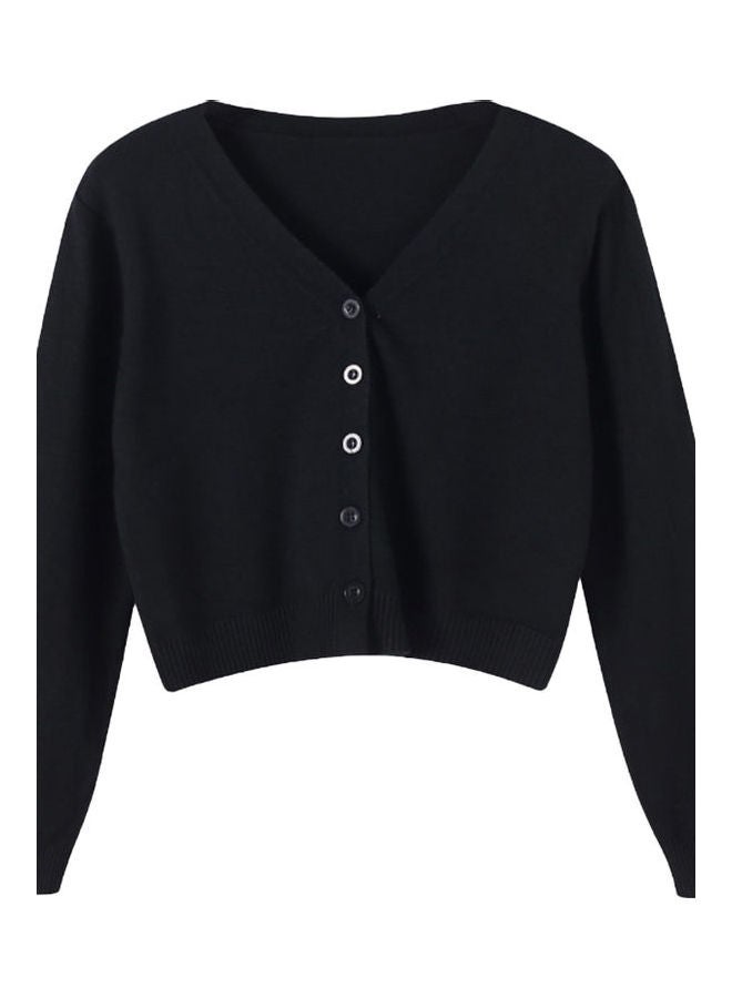 Women's Spring and Autumn Solid Color V-neck Long-sleeve Cardigan Black  - Image 1