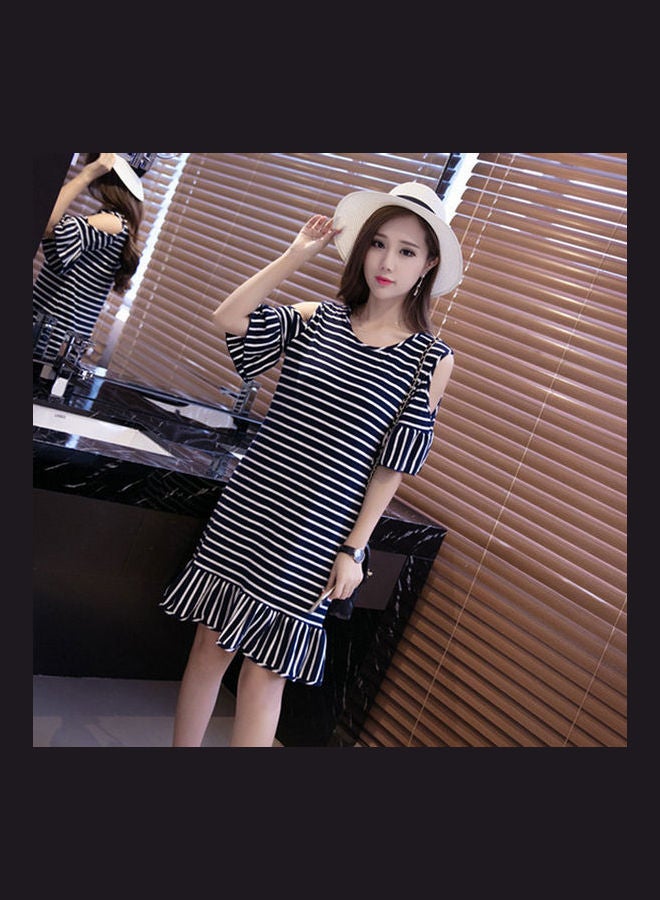 Ruffled Striped Short Sleeve Dress Black/White - Image 2