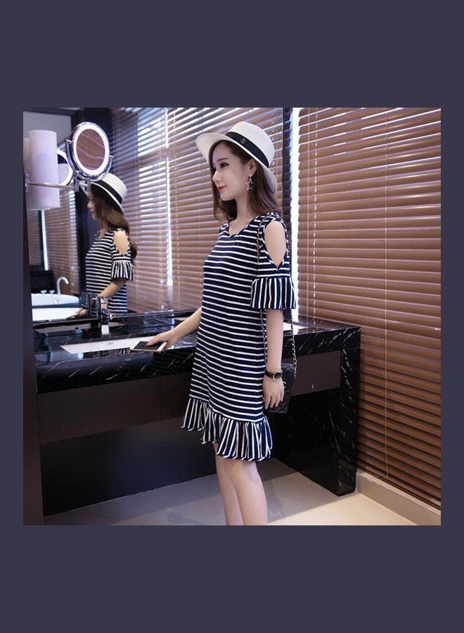Ruffled Striped Short Sleeve Dress Black/White - Image 3