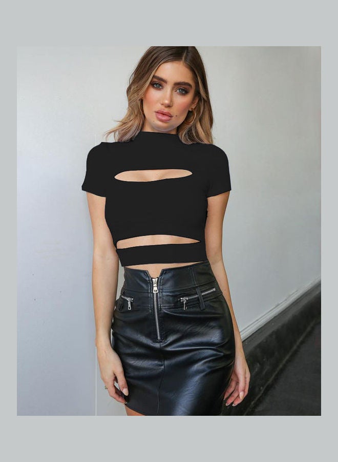 Women High Neck Short Sleeve Hollow Out Solid Summer Crop Top Black  - Image 2