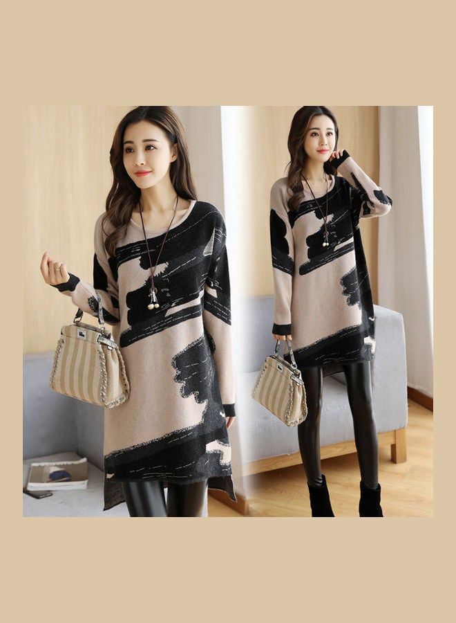 Autumn Winter Printed Loose Round Neck Long Sleeve Straight Mini Dress Light Grey - Image 1