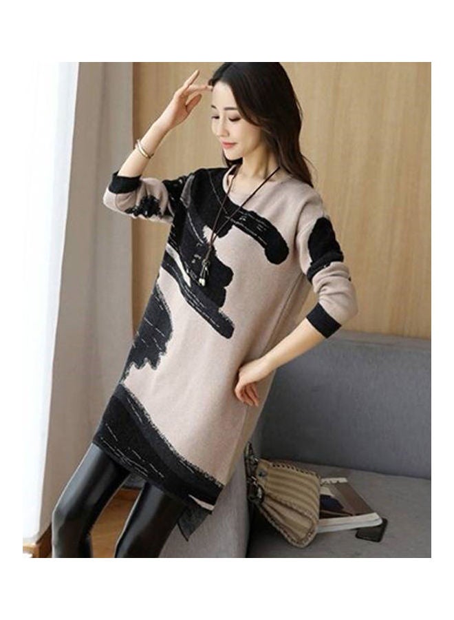 Autumn Winter Printed Loose Round Neck Long Sleeve Straight Mini Dress Light Grey - Image 3