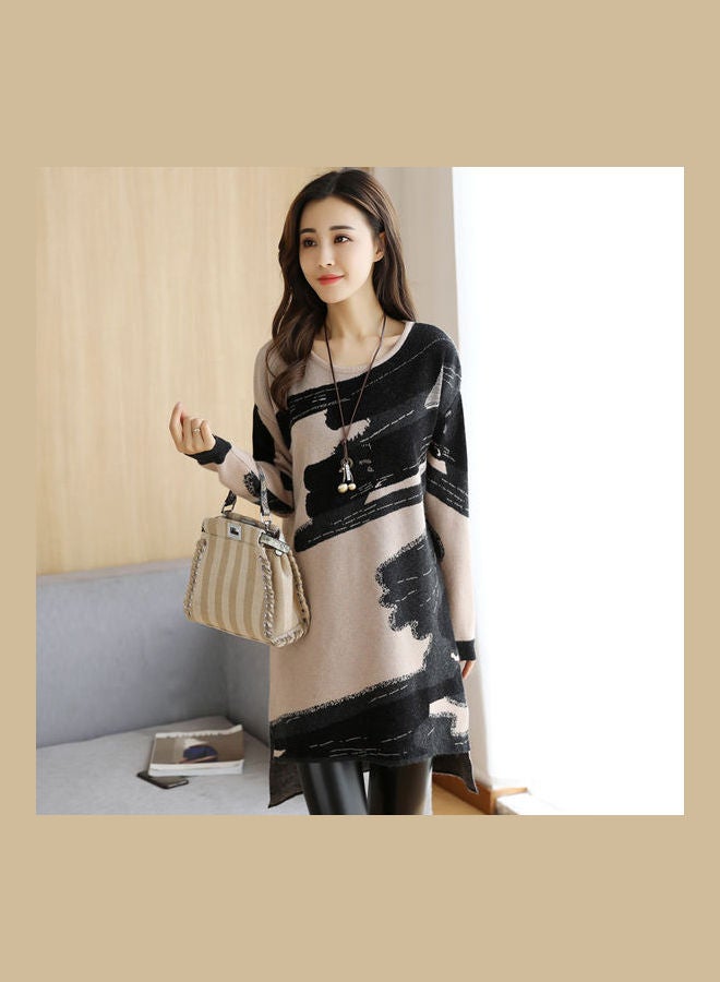 Autumn Winter Printed Loose Round Neck Long Sleeve Straight Mini Dress Light Grey - Image 4
