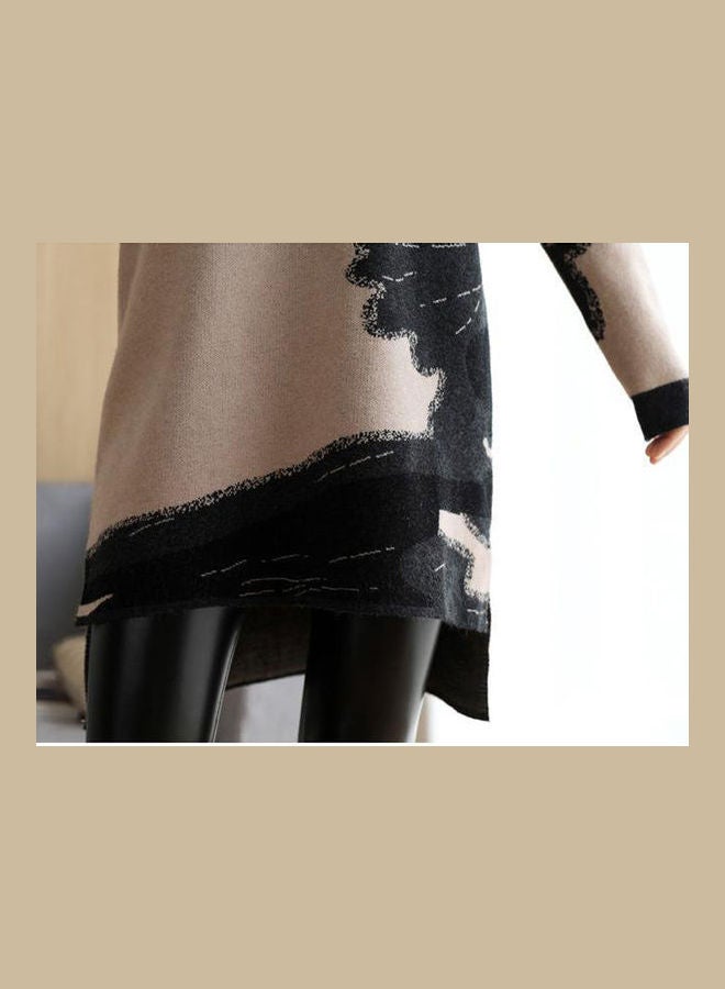 Autumn Winter Printed Loose Round Neck Long Sleeve Straight Mini Dress Light Grey - Image 5