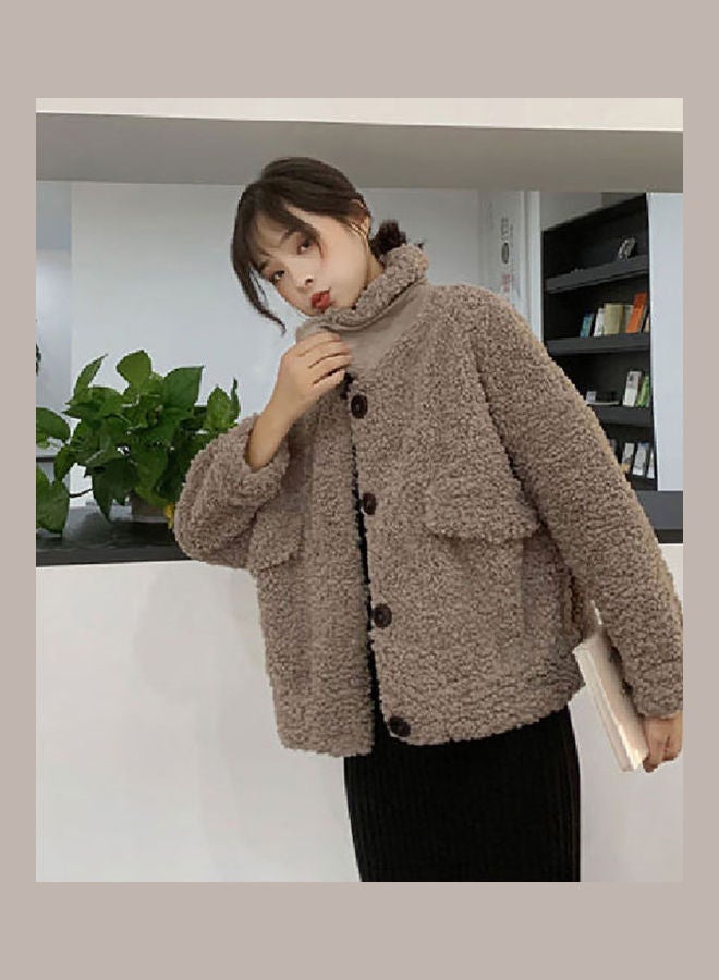 معطف بأكمام طويلة وياقة مطوية للأسفل كاكي - Image 2