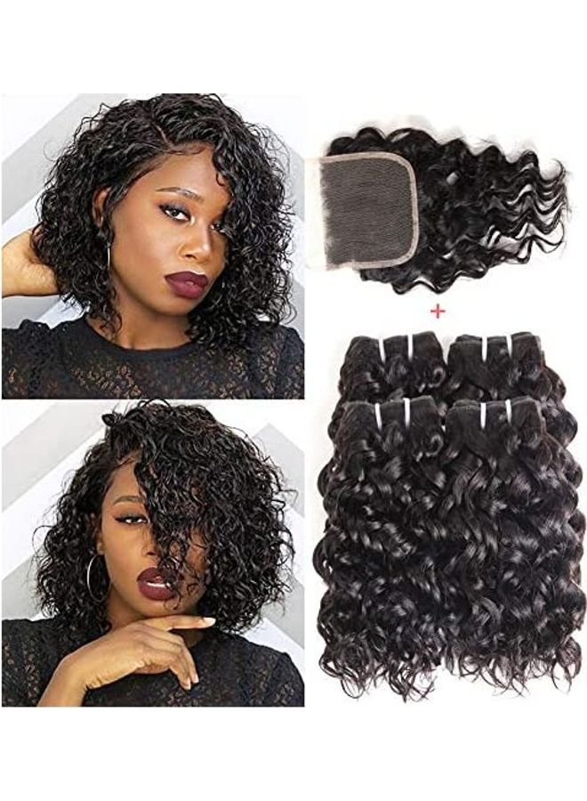 UDU 4-Piece Malaysian Wavy Hair Extension Set With Lace Closure Black 10inch