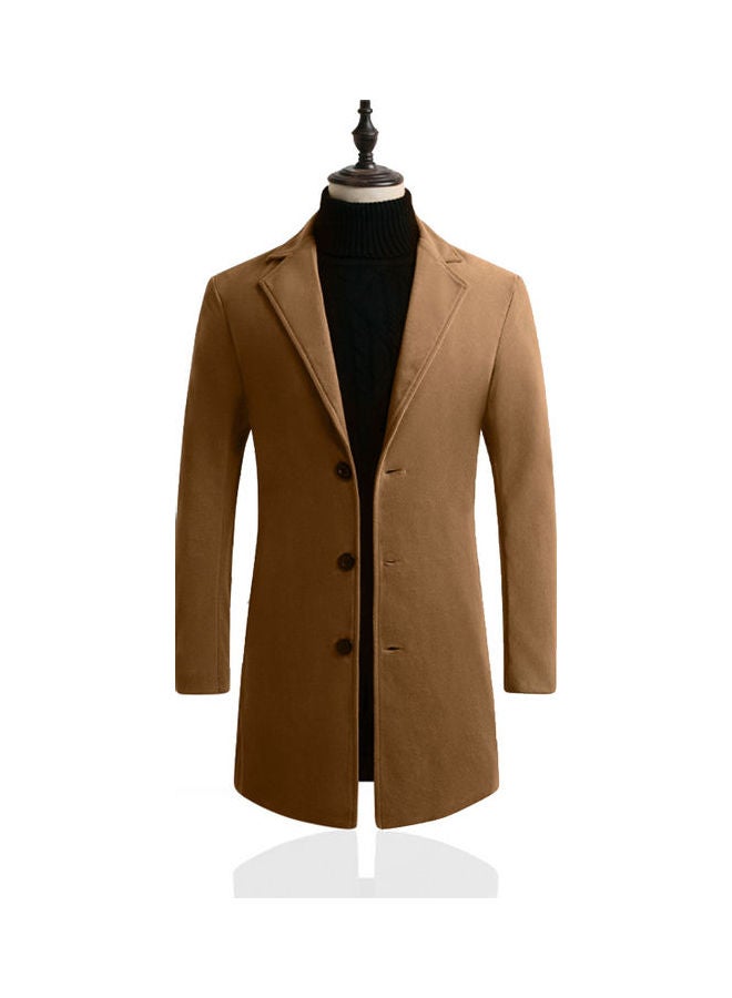 Men Slim Single-breasted  V-Neck Woolen Trench Coat Khaki  - Image 1