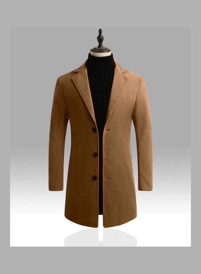 Men Slim Single-breasted  V-Neck Woolen Trench Coat Khaki  - Image 2