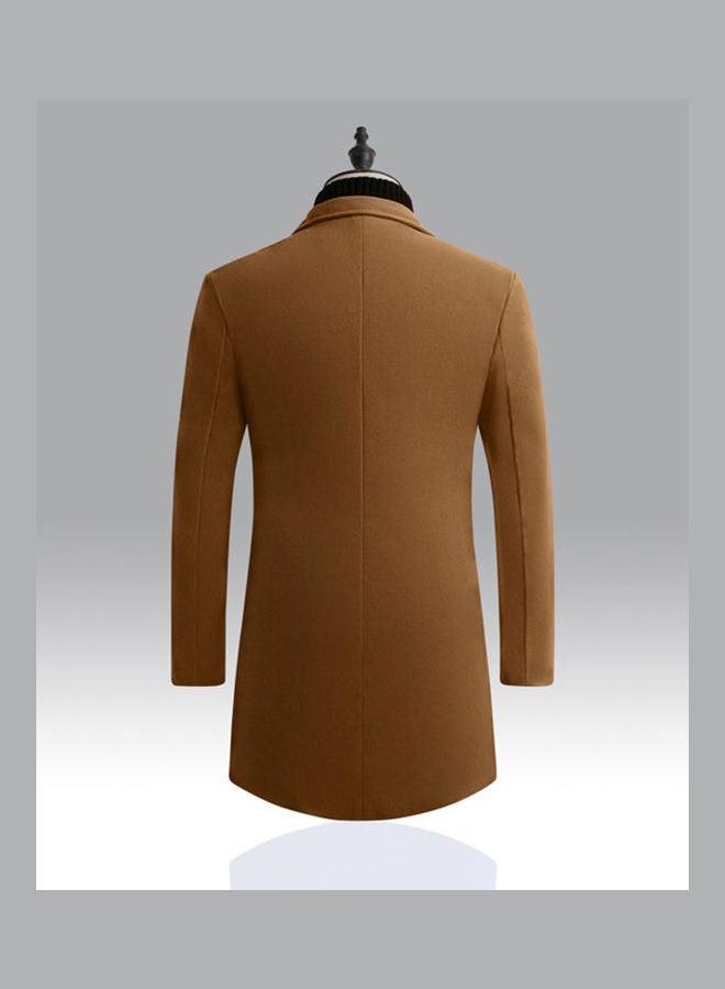 Men Slim Single-breasted  V-Neck Woolen Trench Coat Khaki  - Image 3